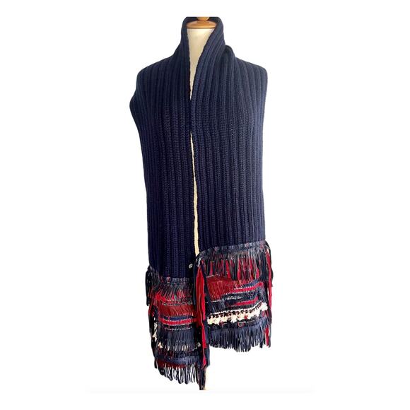 Chanel Scarf Chunky Cashmere Navy Blue Leather and Yarn Fringe Apx 76" Long - Picture 1 of 11
